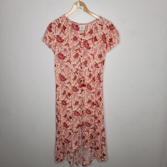 Knox Rose Boho Shirt Dress XL Low High Floral Button Front Tassel Belt Pink - Picture 1 of 13